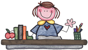 This is a clip art image of a teacher at a desk. 